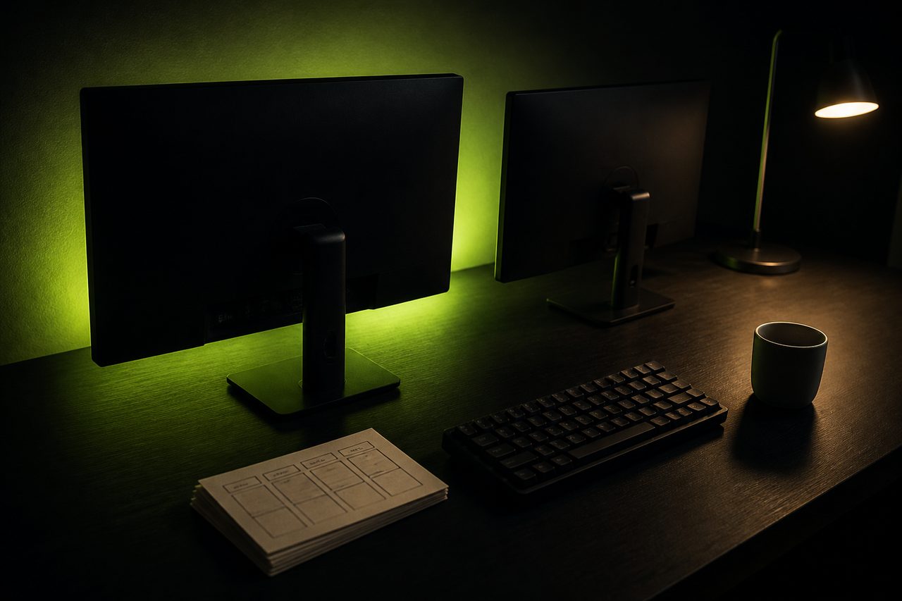 A dark desk with two monitors backlit in lime green and paper cards arranged into board columns. Editorial image generated with artificial intelligence.