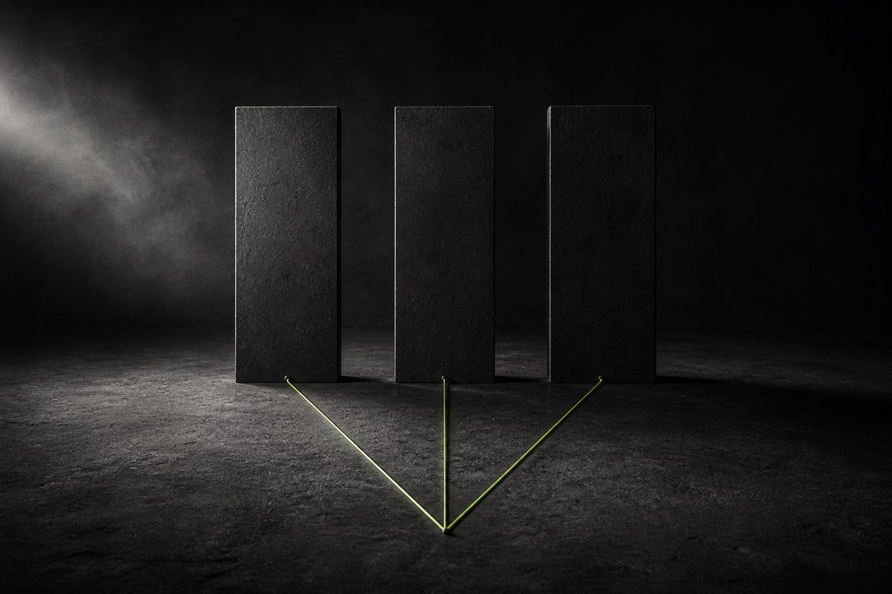 Three matching dark panels stand on concrete, connected by lime-green cords that meet at one point. Editorial image generated with artificial intelligence.